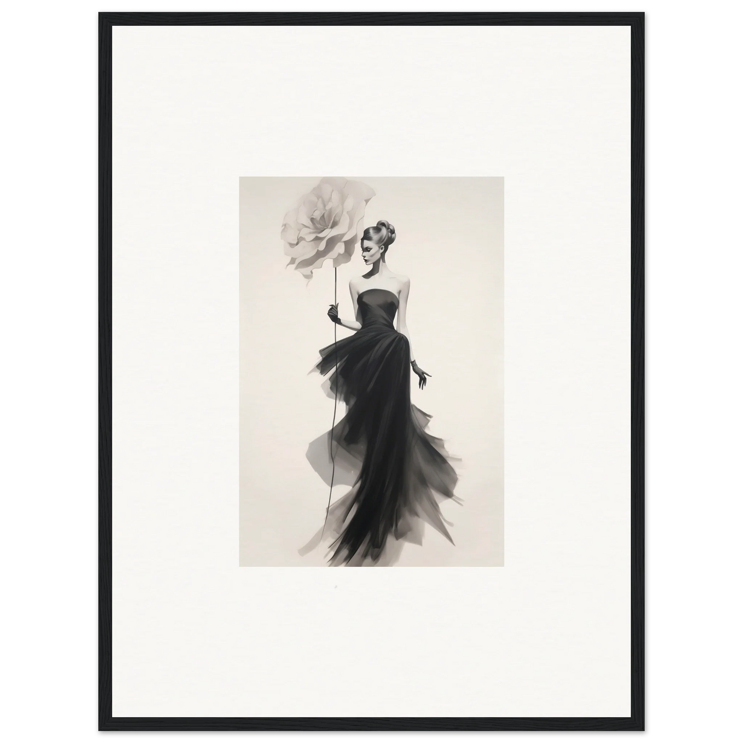 Elegant black and white fashion illustration of Opulent Reverie Lyrisans in an evening gown