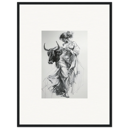 Black and white sketch of a figure in flowing robes with a bull for Reverie of Zephyr special edition art™