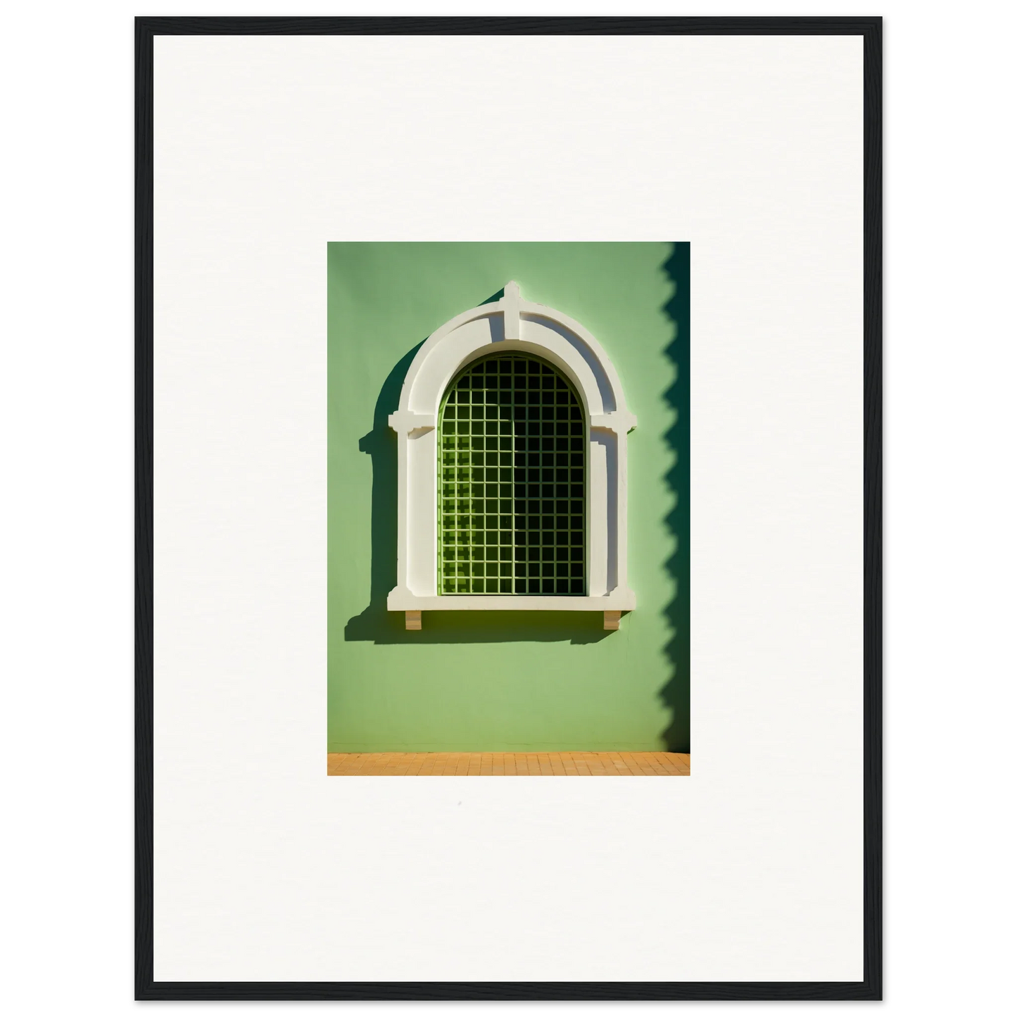 Arched window with metal grating in white frame for Visible Equilibrium Window