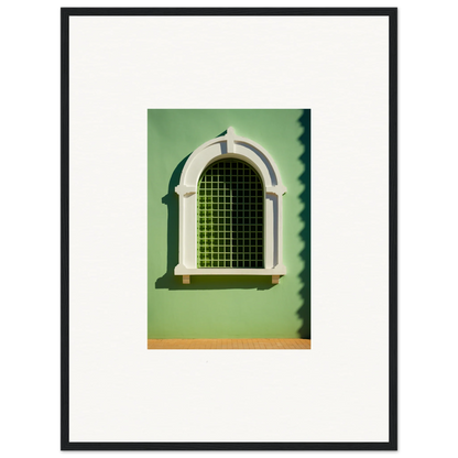 Arched window with metal grating in white frame for Visible Equilibrium Window