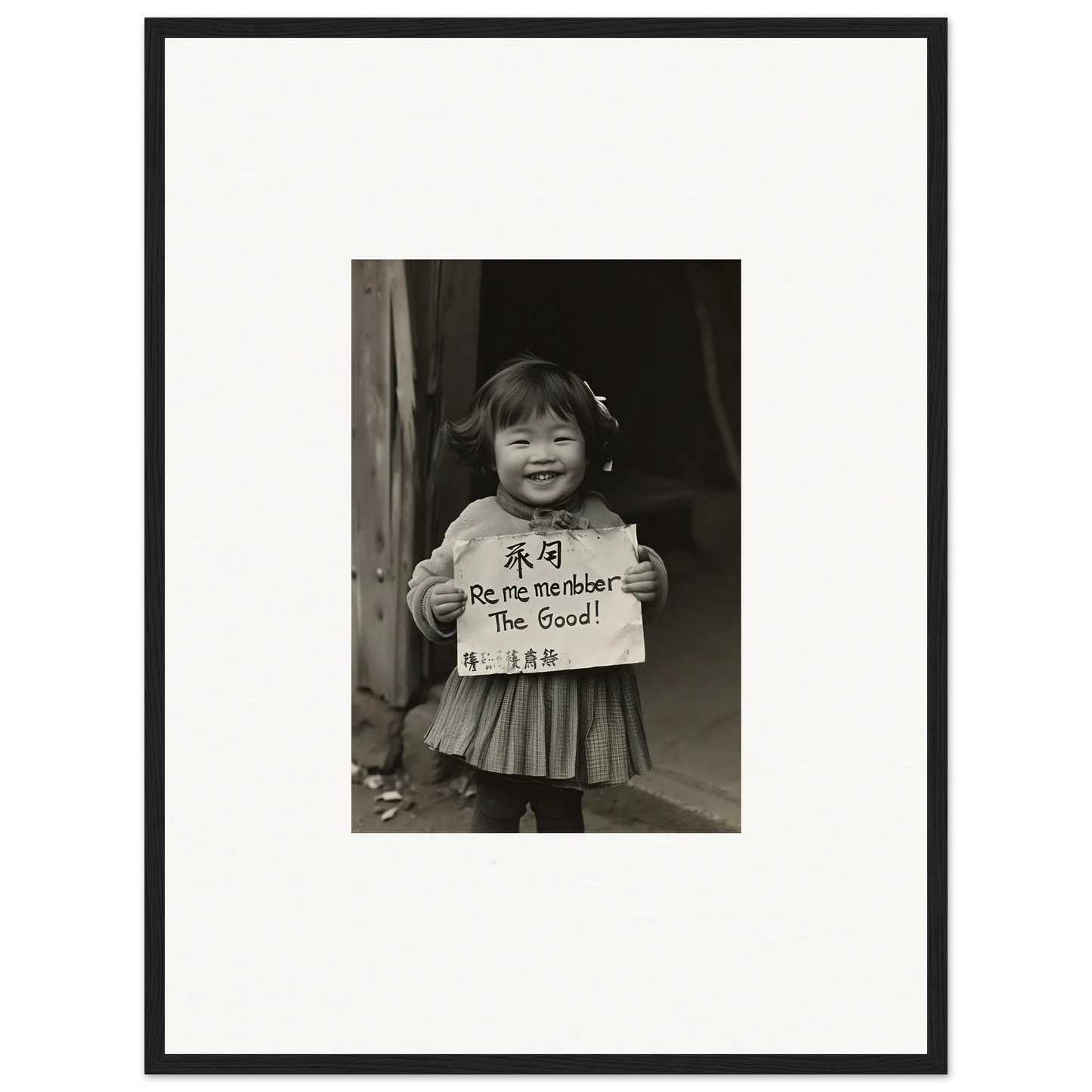 Smiling child with a sign in a black frame, perfect for Ephemeral Joy Imbibed art