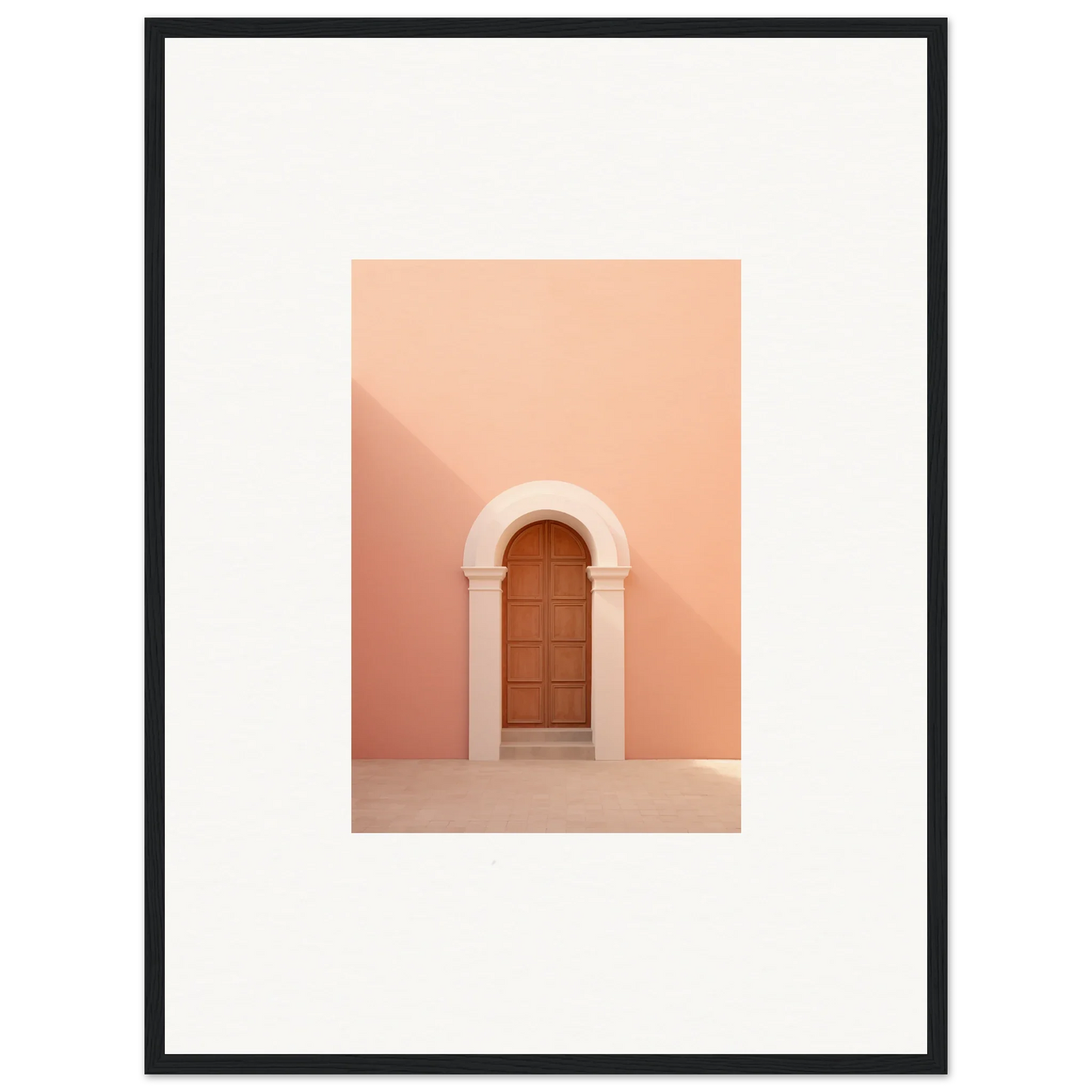 Wooden door in a curved archway on a peachy-pink wall from Silent Coral Dreams