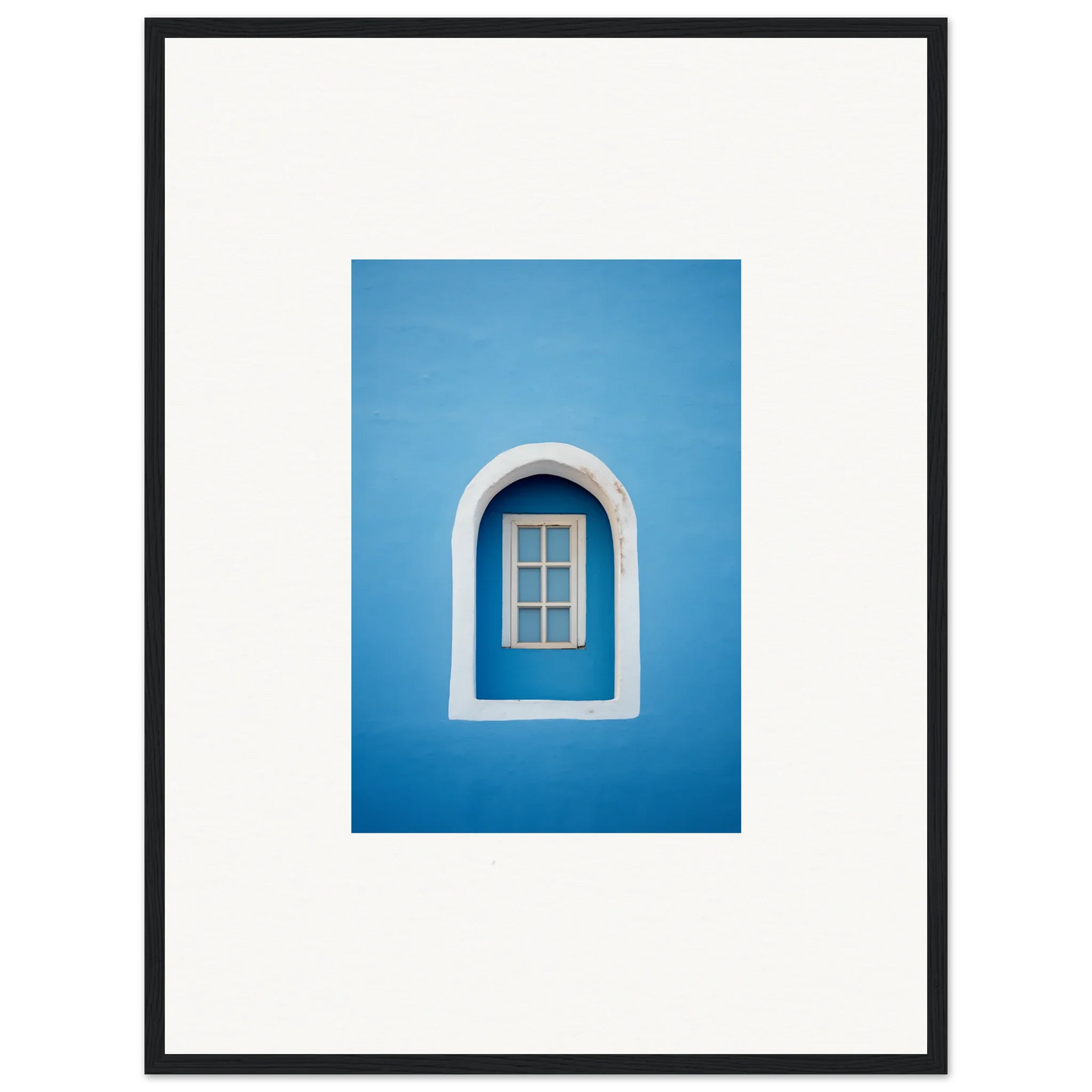 Arched window with white trim on a blue wall in Whispers Sky Mosaic art piece