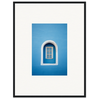 Arched window with white trim on a blue wall in Whispers Sky Mosaic art piece