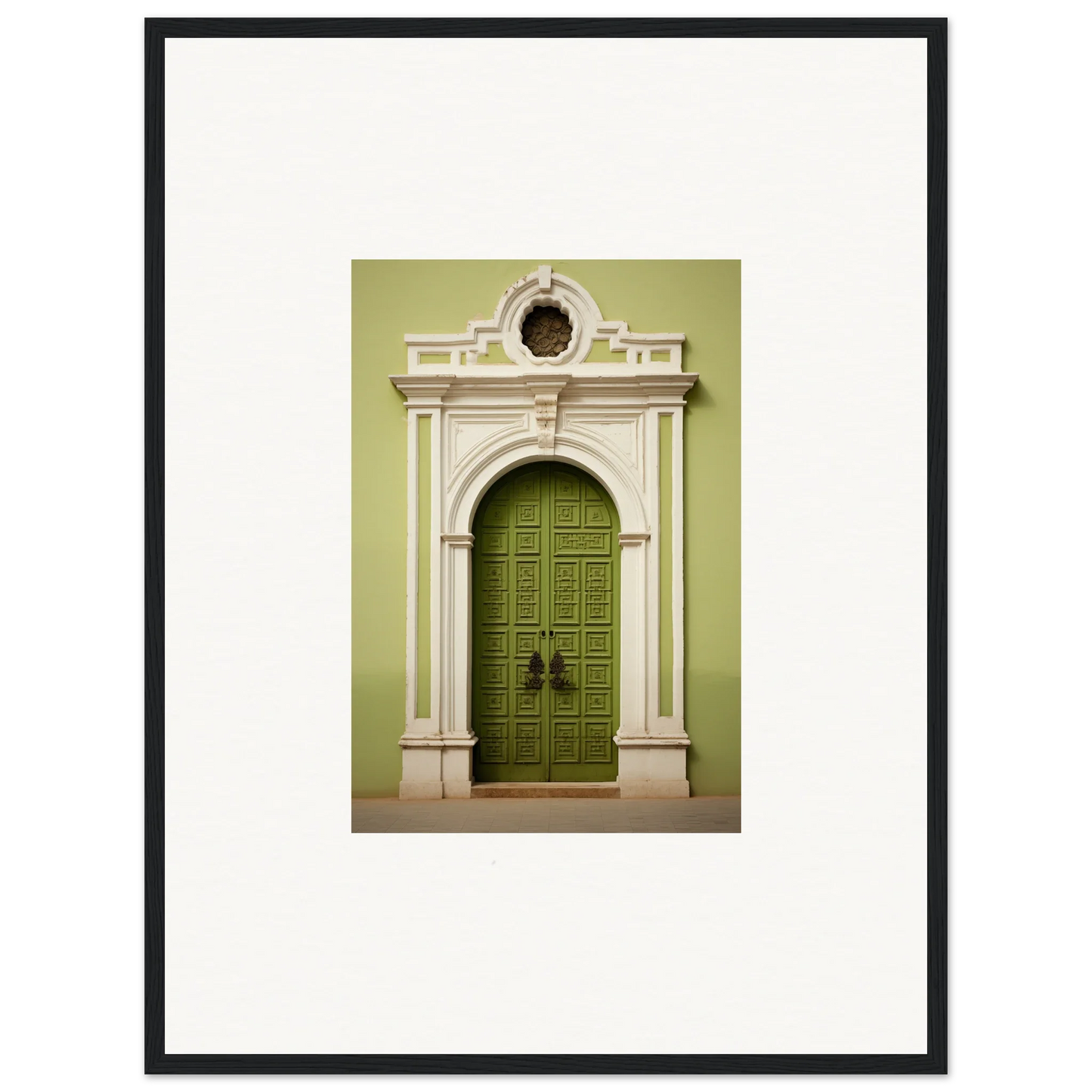 Ornate green door with white framing and knockers in Verdant Sentry Whispers art™