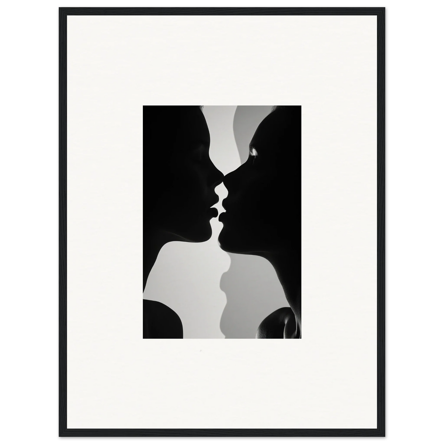 Two silhouetted profiles kissing in Nouveau Love Symphony framed wall art design