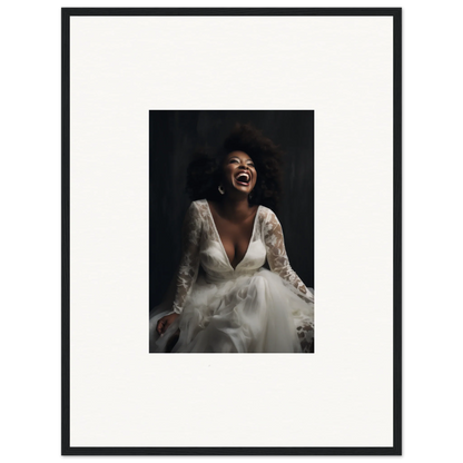 Joyful person in a white lace wedding dress for Timeless Essence Laughter framed art