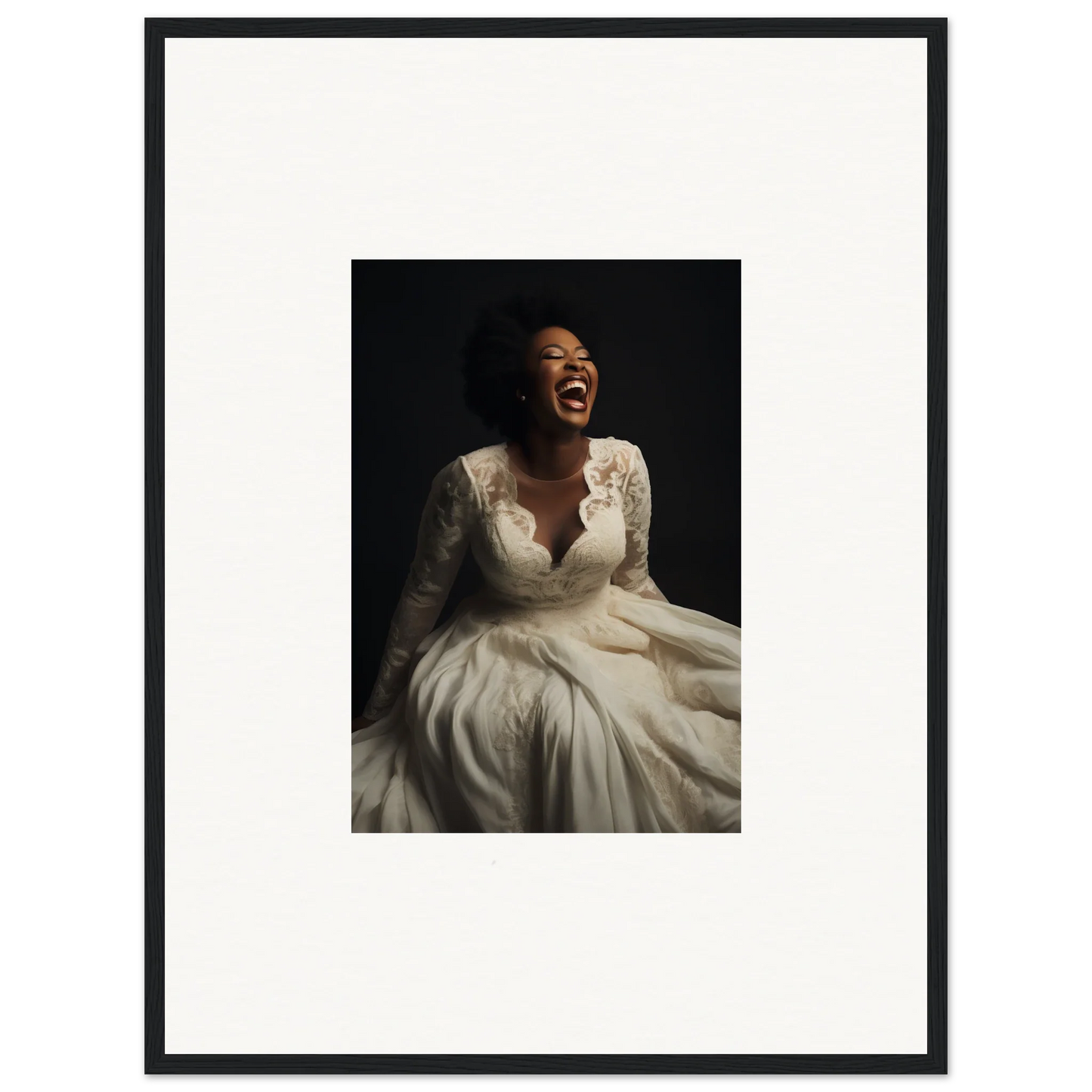 Joyful person in a white lace wedding dress showcasing Luminescent Joy Echoes art