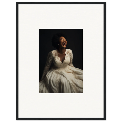 Joyful person in a white lace wedding dress showcasing Luminescent Joy Echoes art