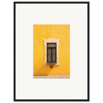 White-framed window with dark curtains on a yellow wall in Window’s Giallo Reverie