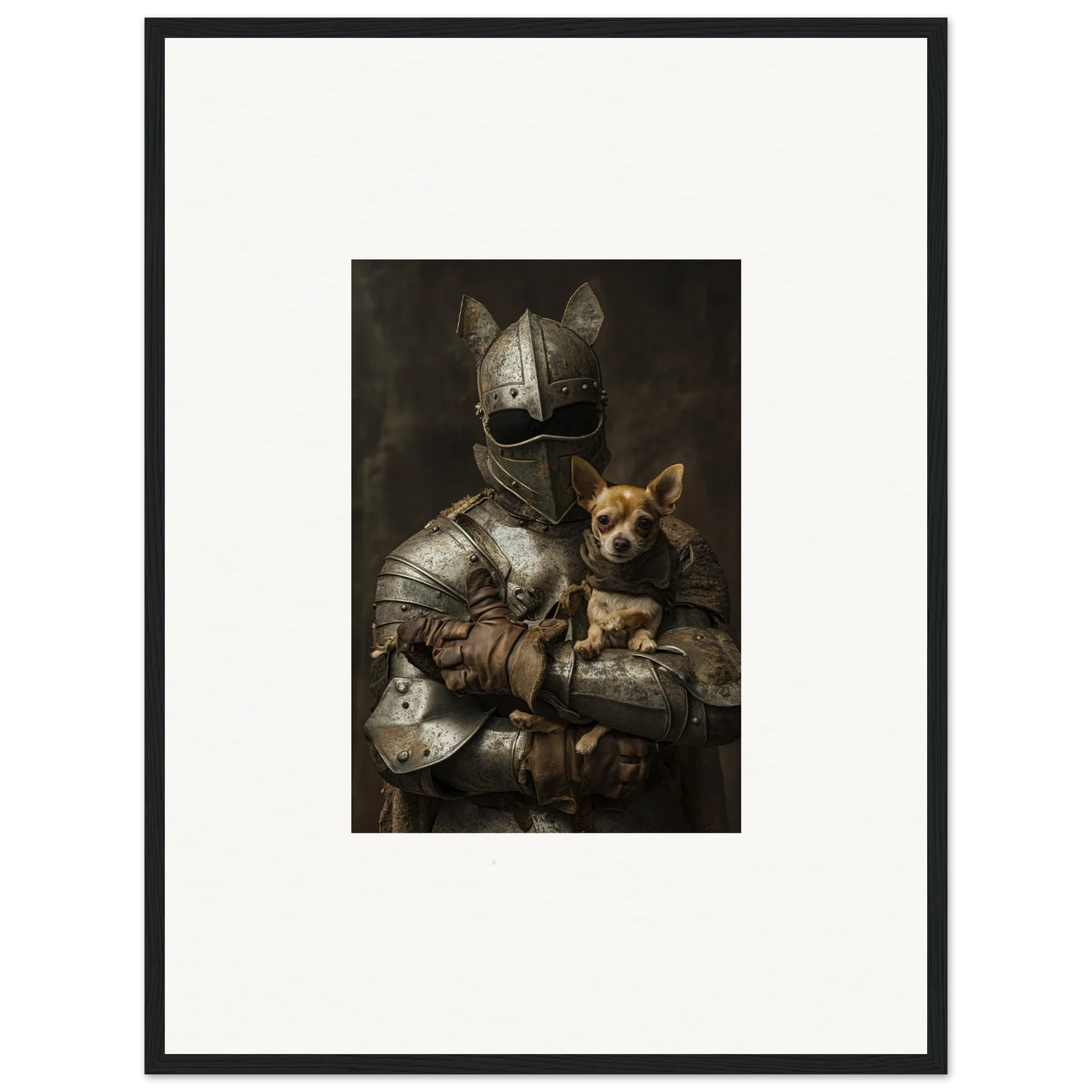 Medieval knight in armor holding a Chihuahua from Serene Steel Whispers framed art