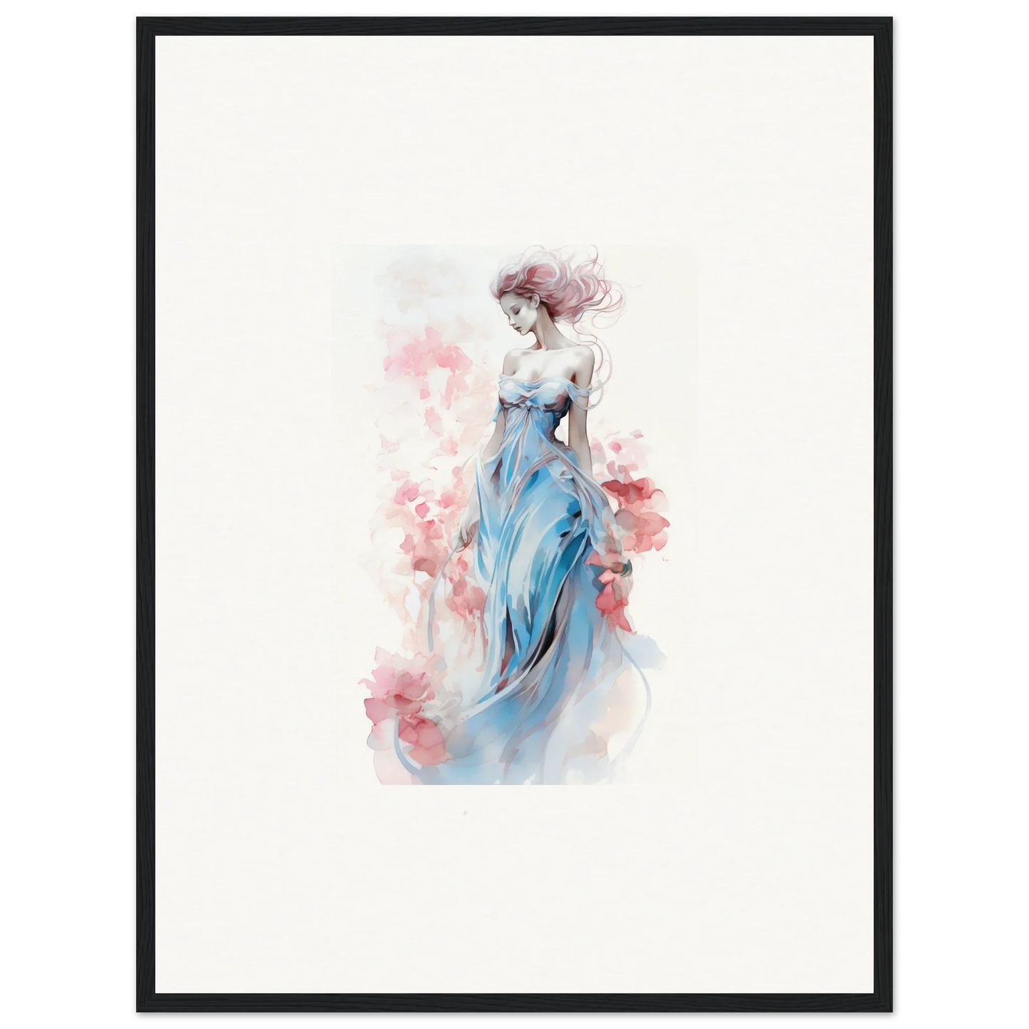 Watercolor canvas print of a woman in a blue dress, perfect for room decoration wall art