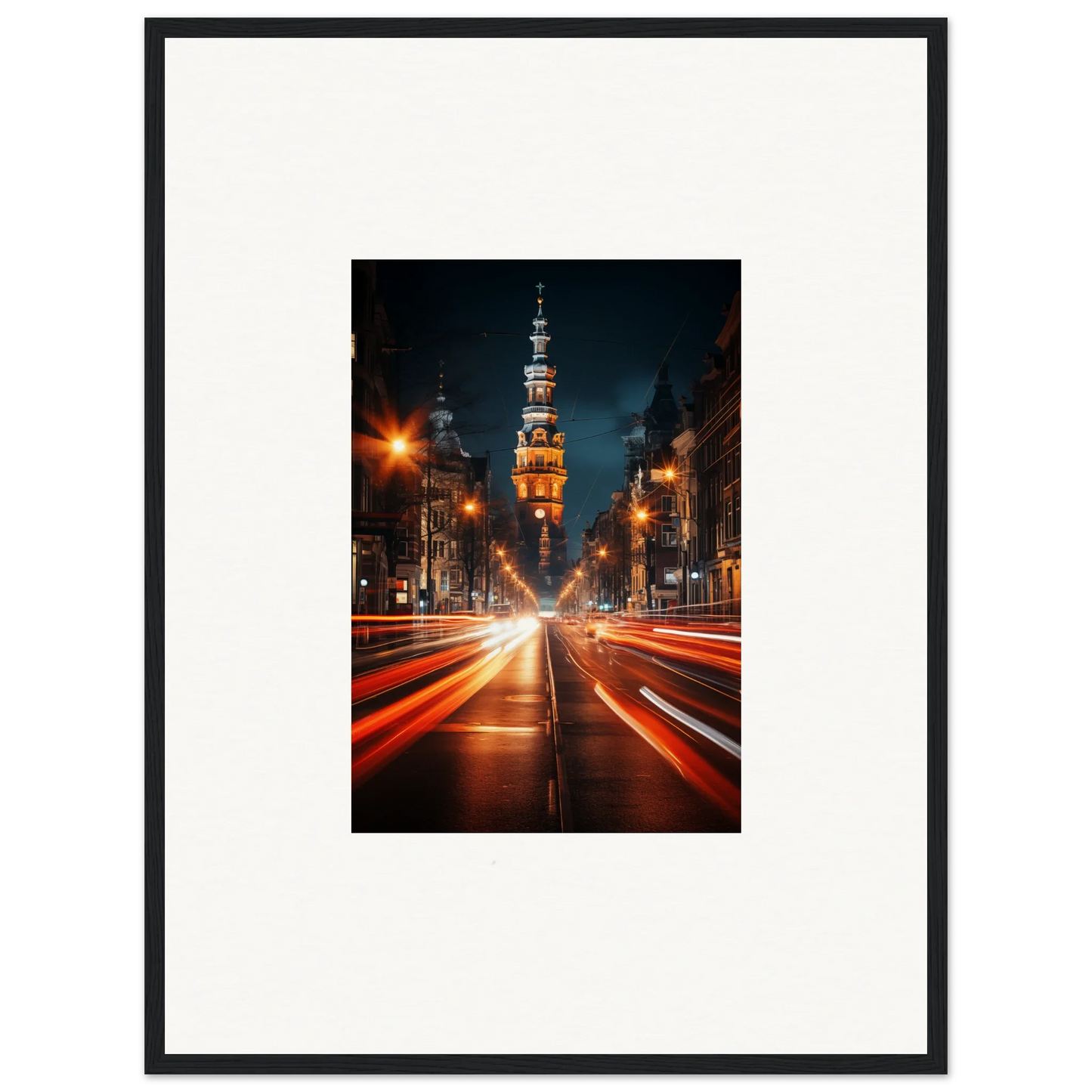 Illuminated church tower at night with traffic light trails, part of Umbra Urban Nocturne