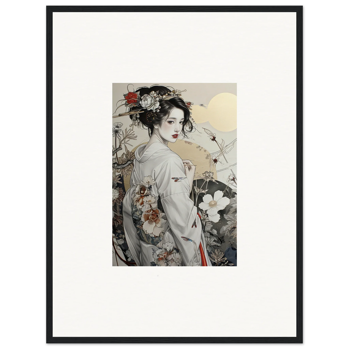 Framed Daydream Blossom Wistitudes art of a geisha with floral watercolor design