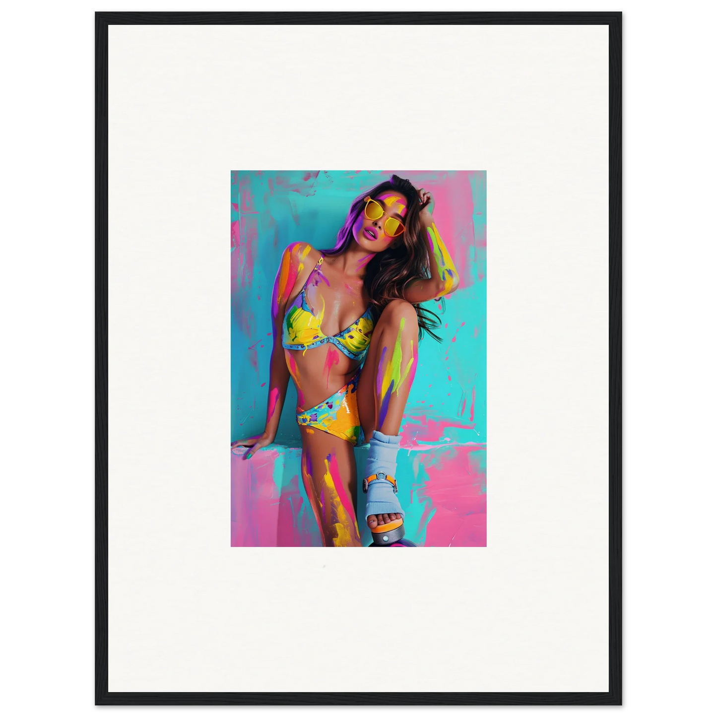 Colorful pop art woman in yellow bikini, perfect canvas print for vibrant wall art