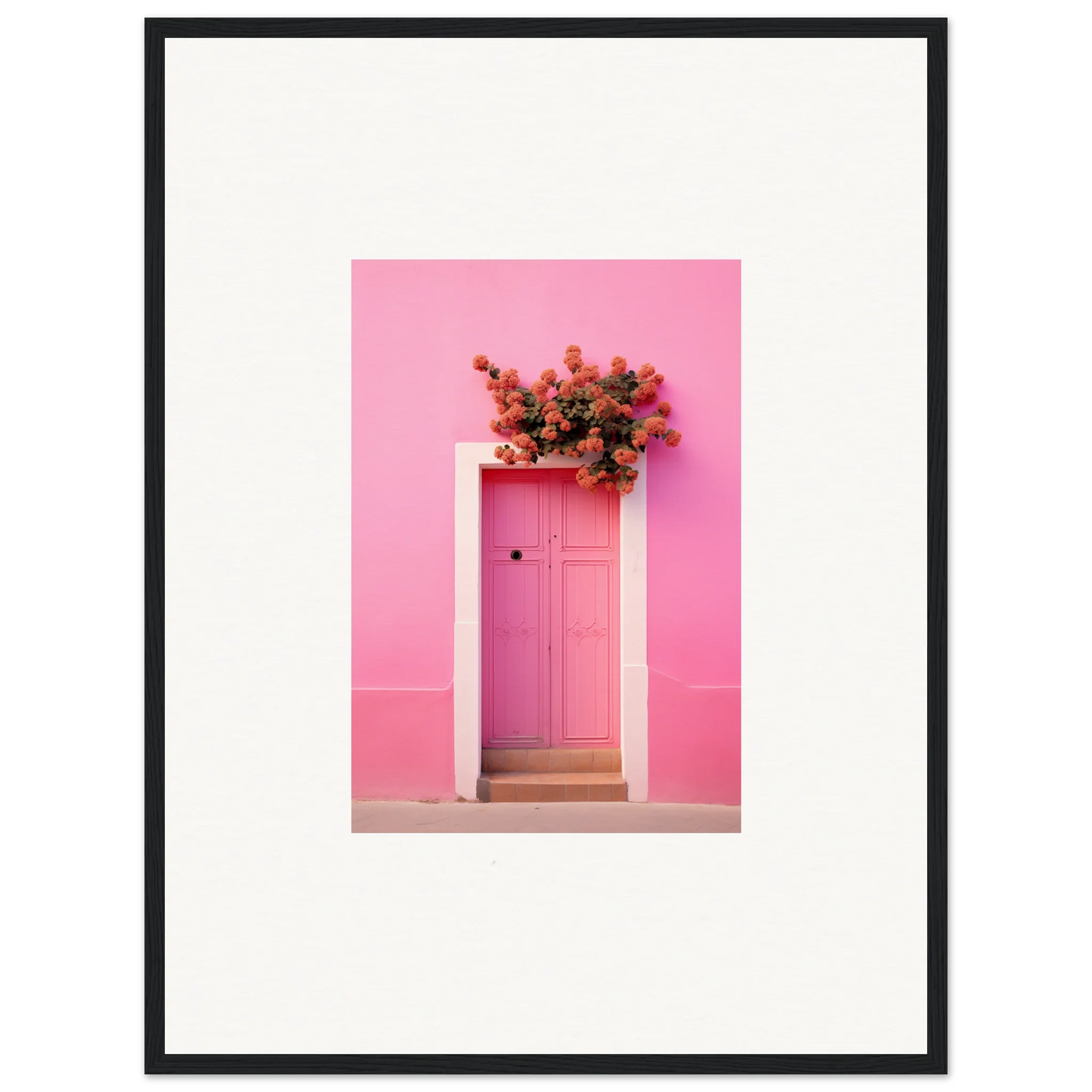 Pink door with red flowers above, perfect for Quantum Pink Serenade framed wall art