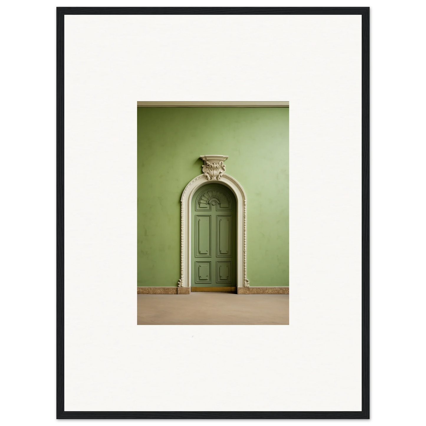 Ornate green door with moldings in Verdant Illusion Sphere framed wall art