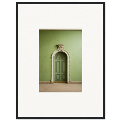 Ornate green door with moldings in Verdant Illusion Sphere framed wall art