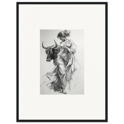 Black and white sketch of a figure in robes and a bull for Splashing Gaze Melds framed wall art