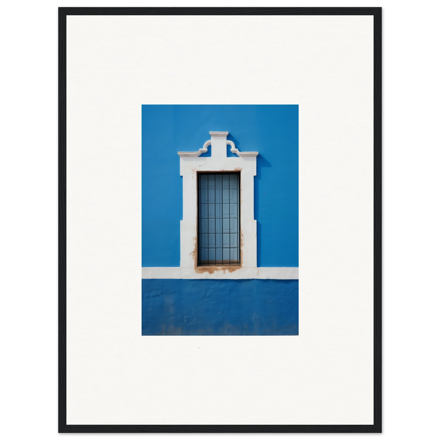 White-framed window with vertical bars on a blue wall in Liquid Azure Quest art