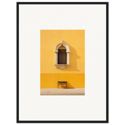 Arched window with bars on yellow wall above bench in Gapes of Gargoyles premium framed wall art