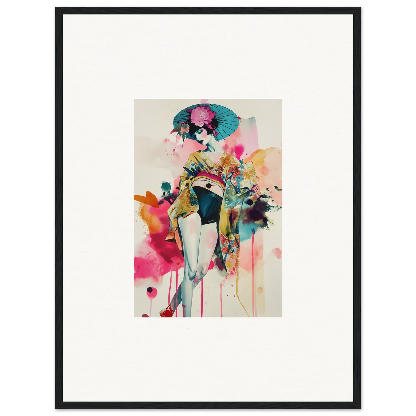 Colorful abstract watercolor painting of a woman with parasol for stylish room decoration