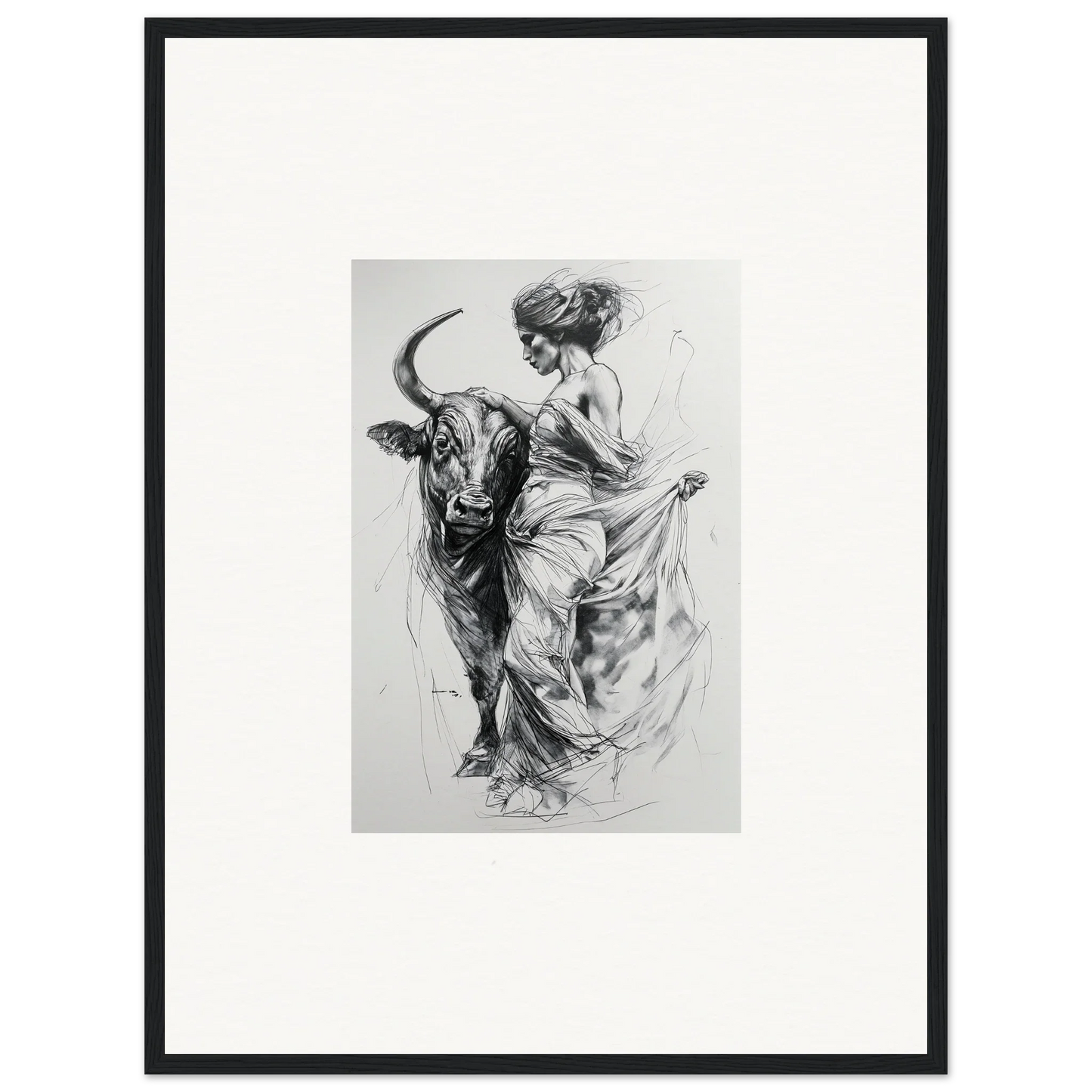 Dynamic black and white sketch of a bullfighter and bull in Marvelous Taurine Serenade