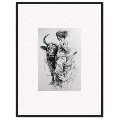 Dynamic black and white sketch of a bullfighter and bull in Marvelous Taurine Serenade