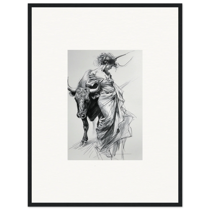 Black and white sketch of a figure in robes with a bull for Minotaur’s Melodic Siesta