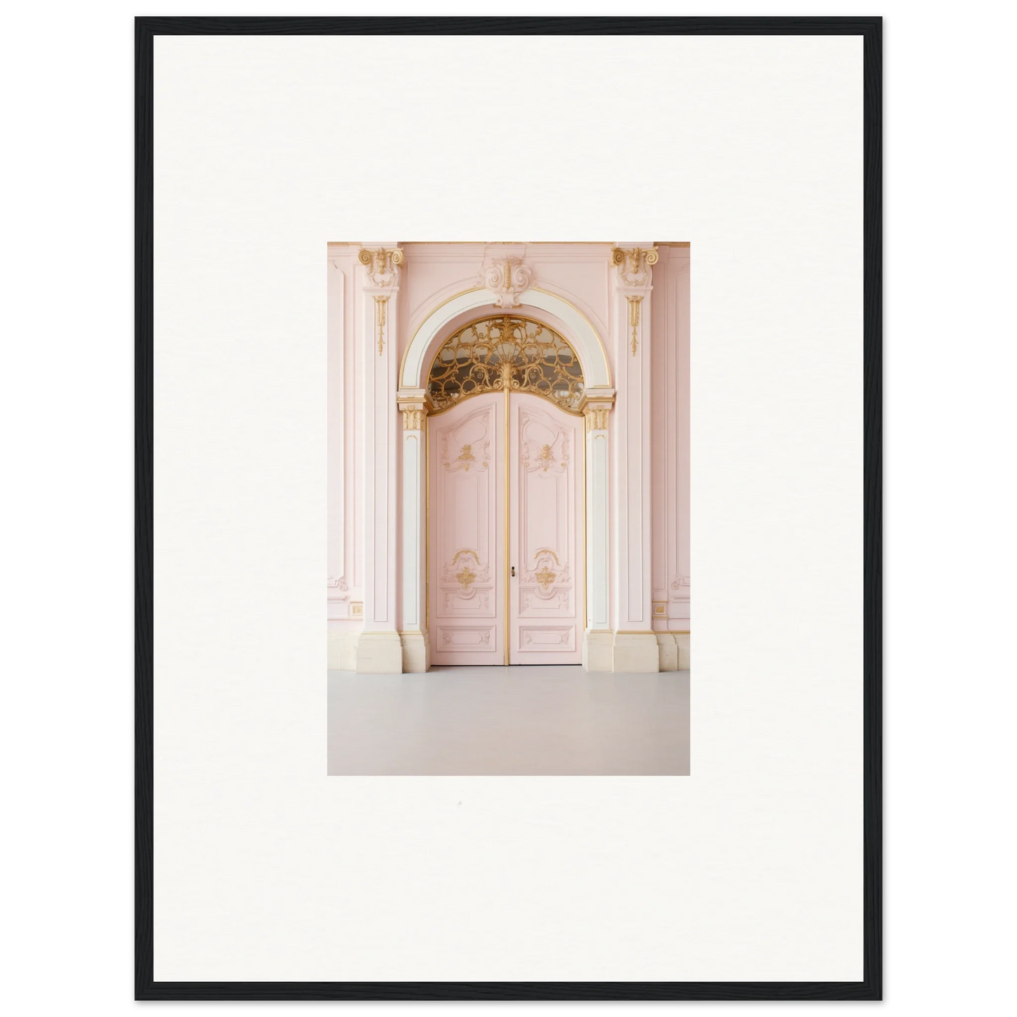 Ornate pink double door with gilded baroque detailing, perfect for premium framed wall art