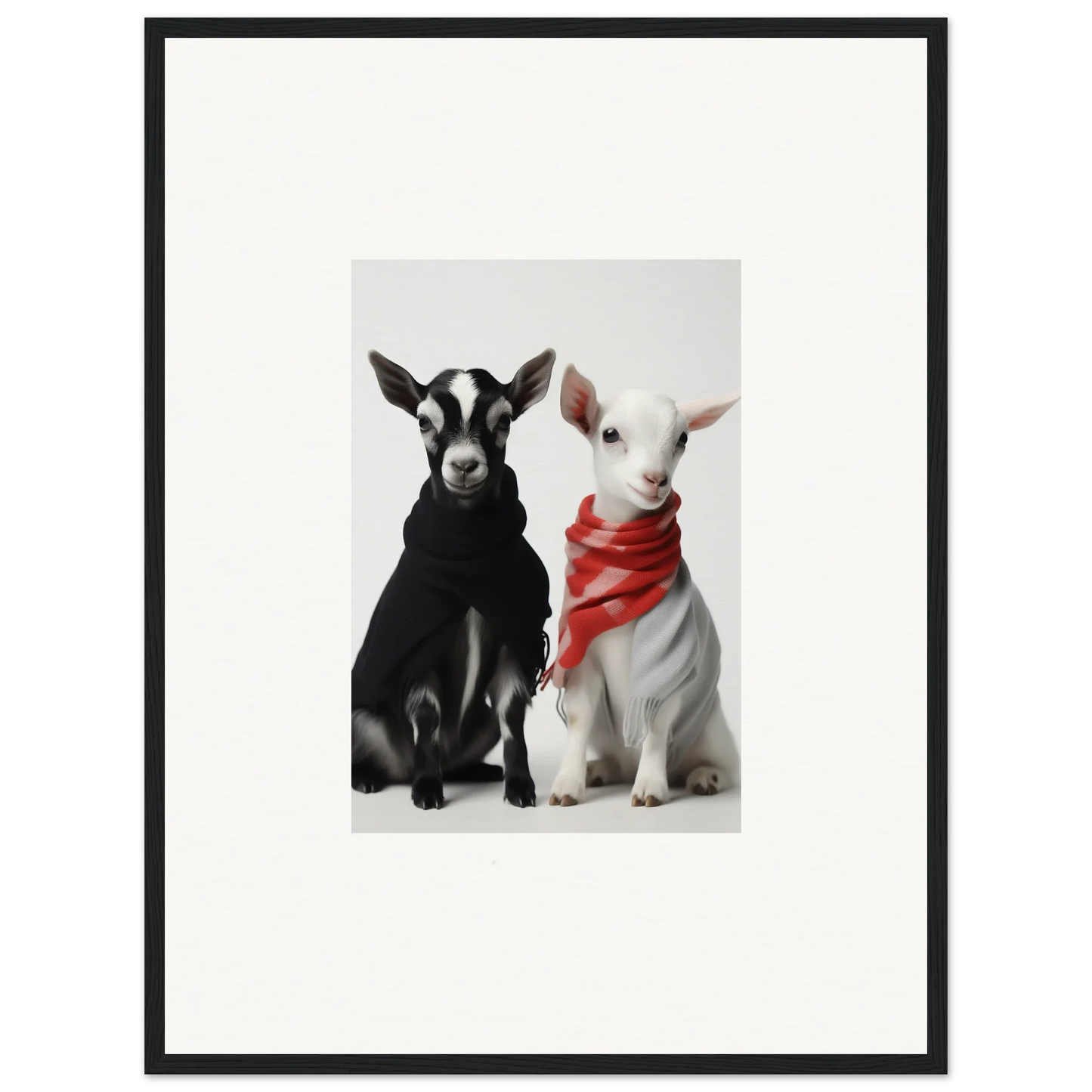 Two adorable goats, one black and one white with a red bandana, in Rainbow Twin Dreams art