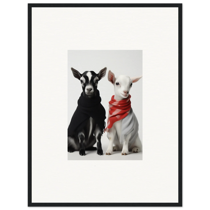 Two adorable goats, one black and one white with a red bandana, in Rainbow Twin Dreams art