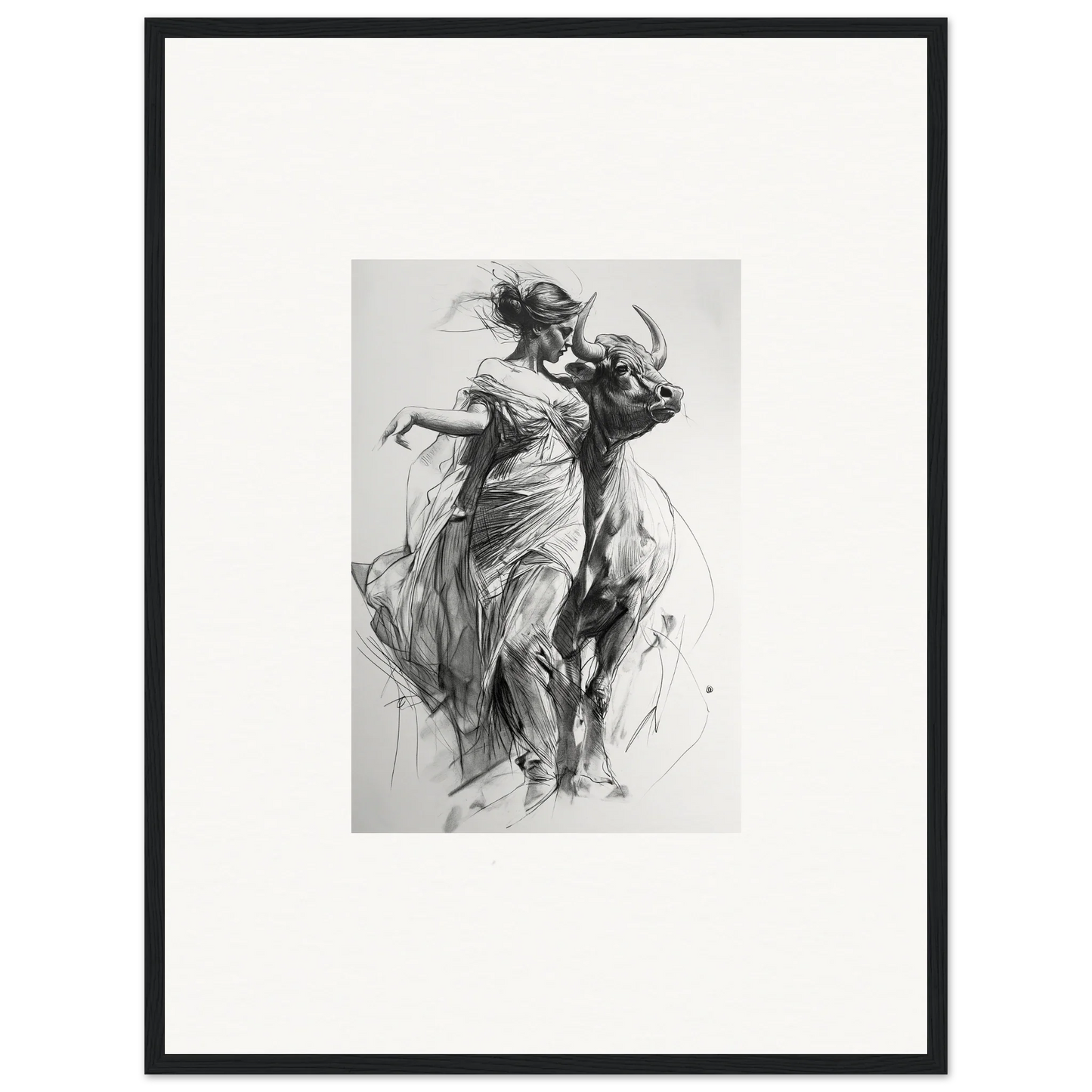 Stylish black and white sketch of dancers in flowing motion for Forest Flame Dance framed wall art