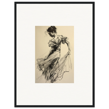 Gestural sketch of a dancer in flowing dress for Ethereal Pause Beneath framed wall art