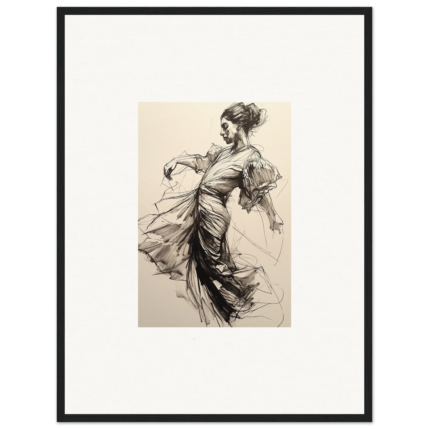 Expressive dancer sketch in flowing dress, perfect for Whirling Midnight Form framed wall art