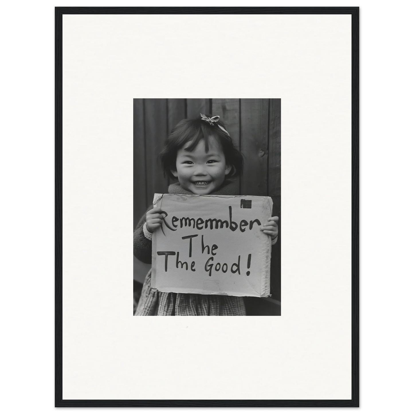 A child with a sign reading Remember The Good in a Timeless Joy Parade framed wall art