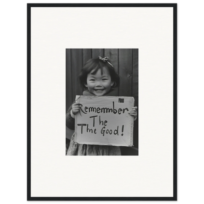 A child with a sign reading Remember The Good in a Timeless Joy Parade framed wall art