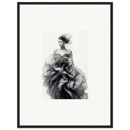 Dramatic ruffled gown in black and white from Ephemeral Orchard Whispers art collection