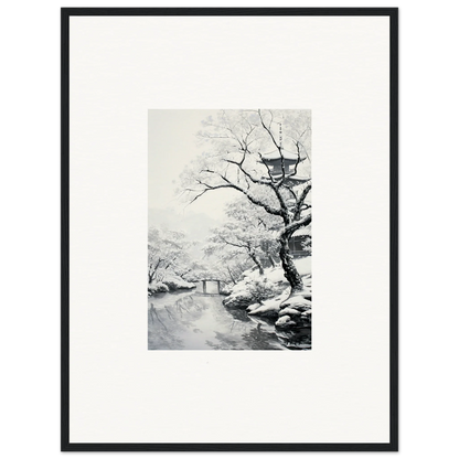 Black and white photo of a snow-covered landscape for Chilled Lunar Embrace framed posters