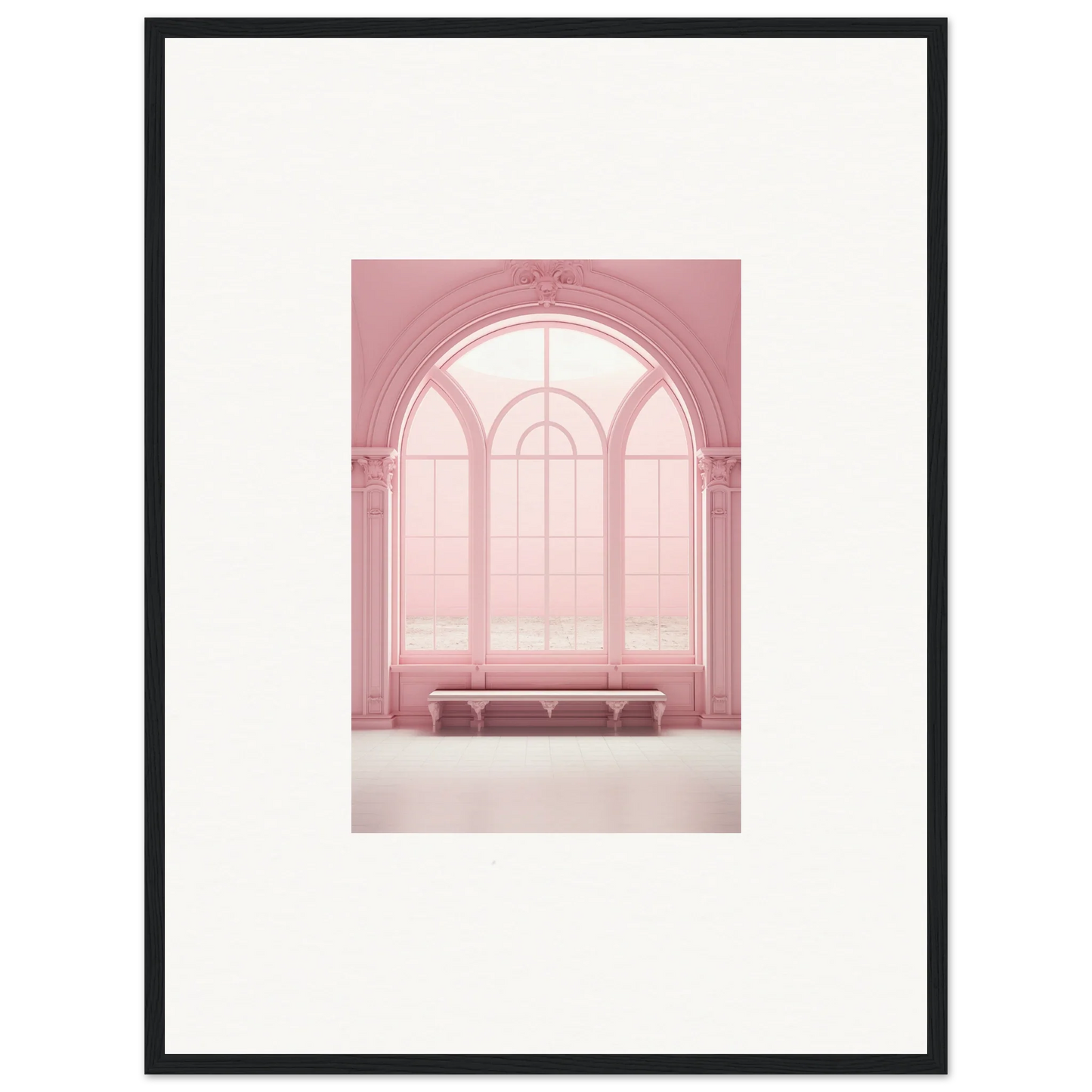 Arched pink window with a bench in Solitude’s Rosy Asana framed wall art