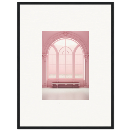 Arched pink window with a bench in Solitude’s Rosy Asana framed wall art