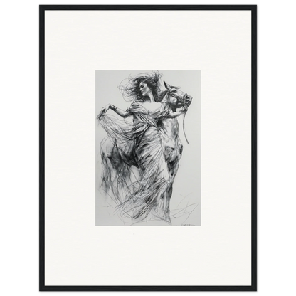 Dynamic charcoal sketch of a flowing figure in Equestrian Ether Euphoria framed wall art