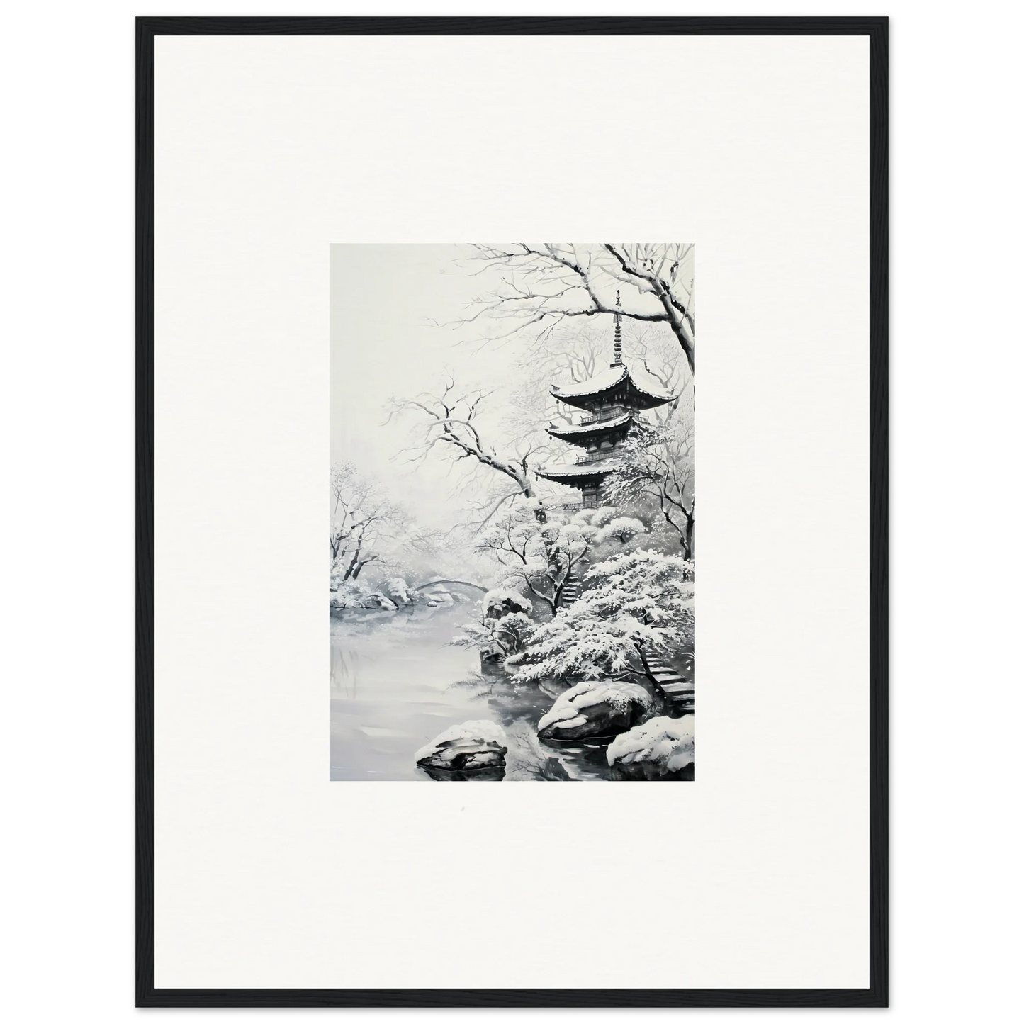 Black and white ink painting of a snow-covered pagoda for Twilight Rebirth Narrative framed wall art