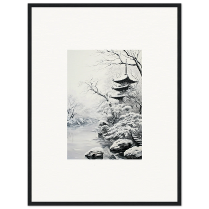 Black and white ink painting of a snow-covered pagoda for Twilight Rebirth Narrative framed wall art