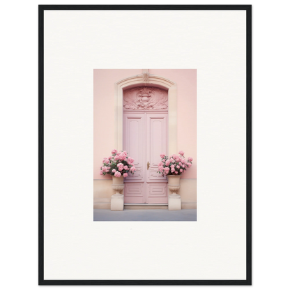 Pink wooden door with carvings next to floral arrangements for Rosy Cosmos Gateway