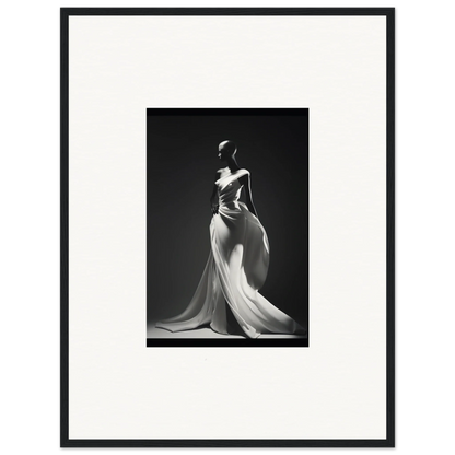 Elegant black and white photo of a figure in Gossamer Ivory Whispers evening gown