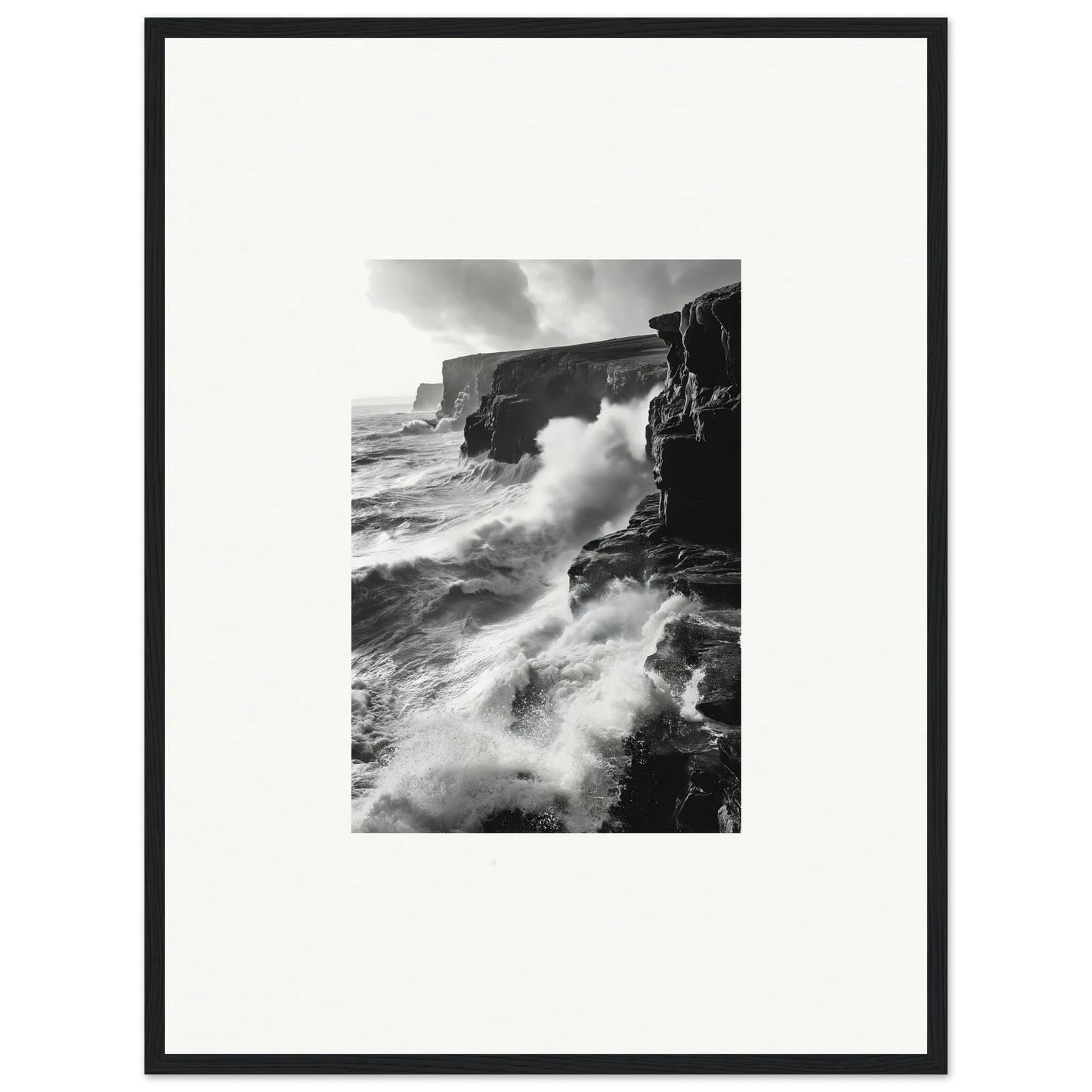 Dramatic black and white waves crash on cliffs in Tempestuous Rock Ballet special edition art™