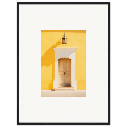 Wooden door with white trim on a yellow wall in Golden Hue Portal framed wall art