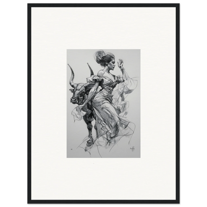 Black and white sketch of a woman in a flowing dress riding a bull for Sirens’ Veil Matador