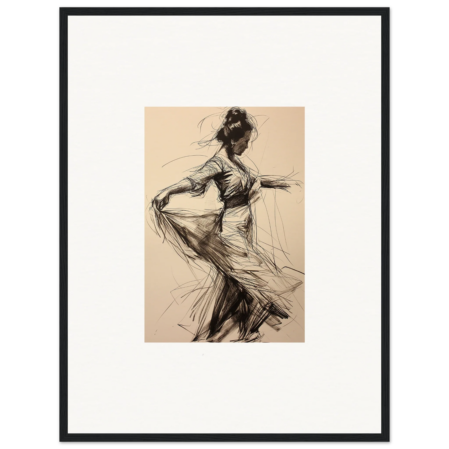 Expressive charcoal sketch of a dancer in flowing dress for Ephemeral Whirling Arcade